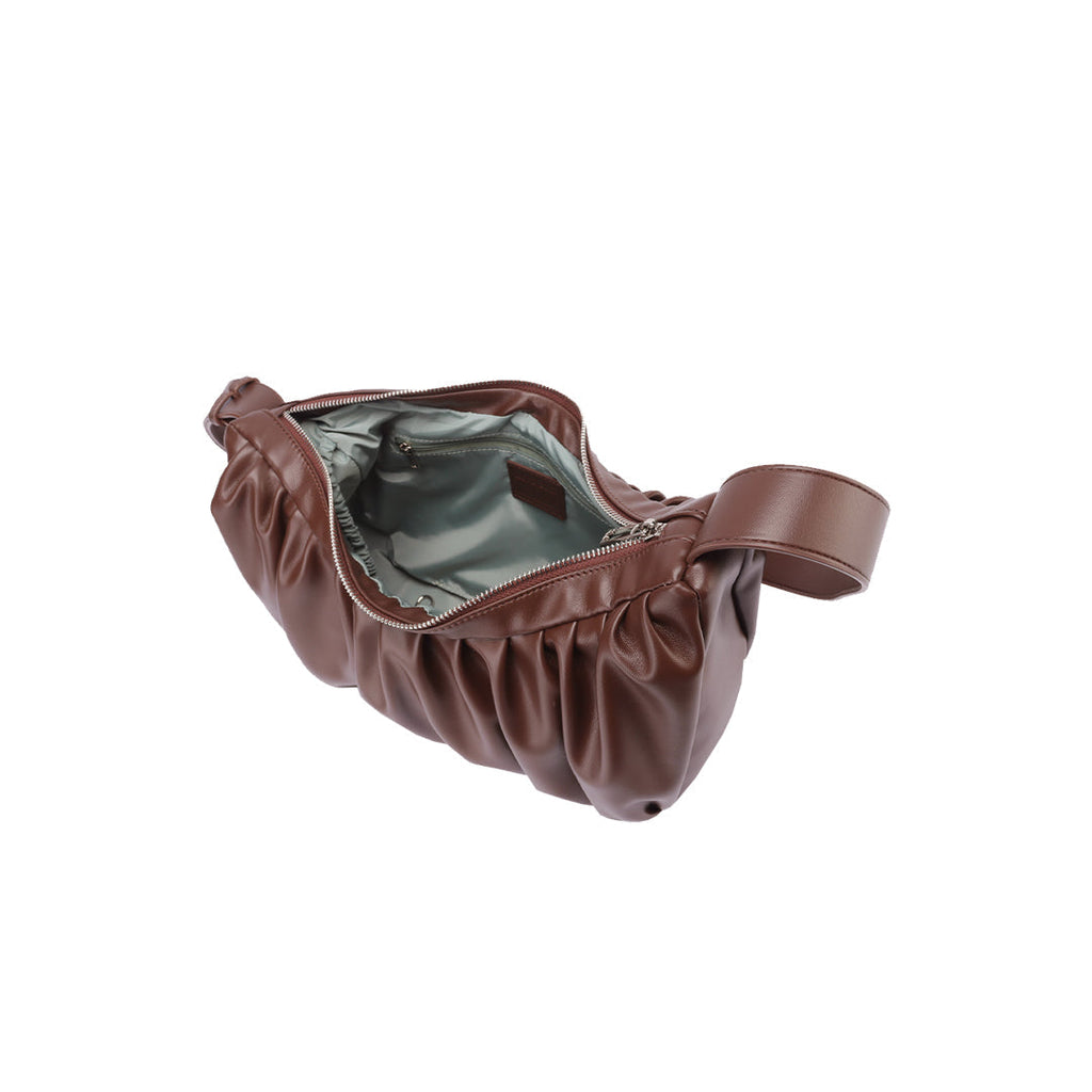 Valdoro | Women's Croissant Leather Sling Bag – Brown Ruched Shoulder Bag