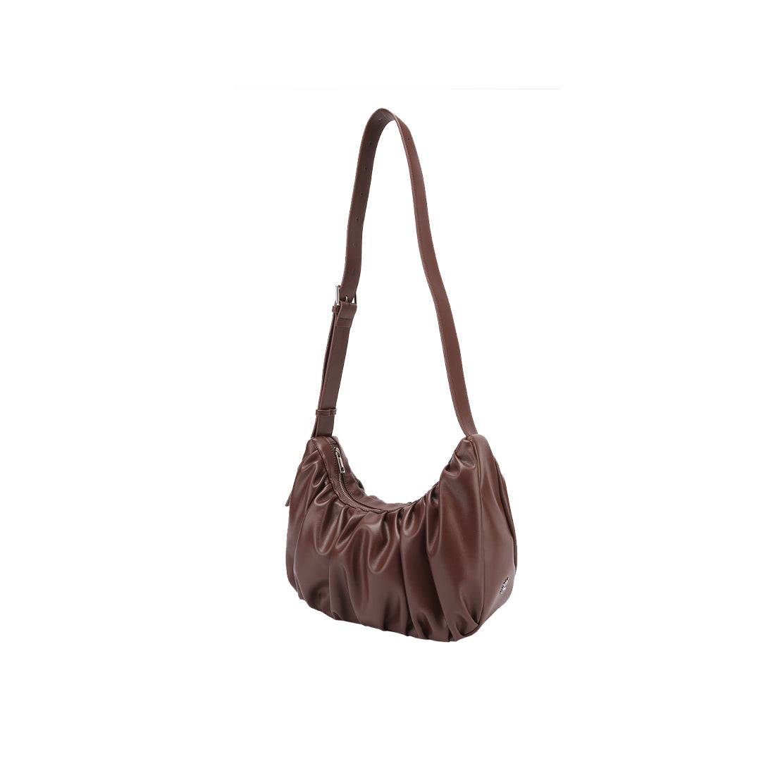 Valdoro | Women's Croissant Leather Sling Bag – Brown Ruched Shoulder Bag