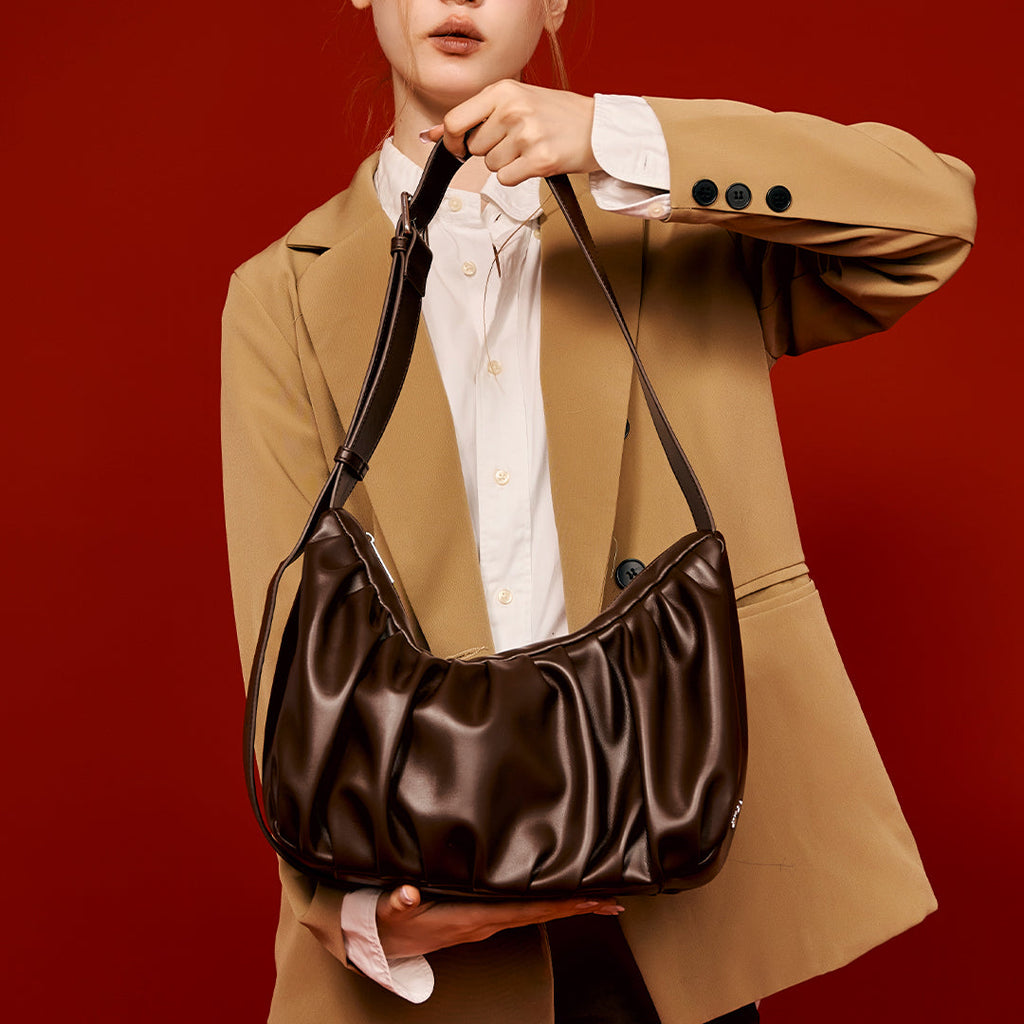 Valdoro | Women's Croissant Leather Sling Bag – Brown Ruched Shoulder Bag