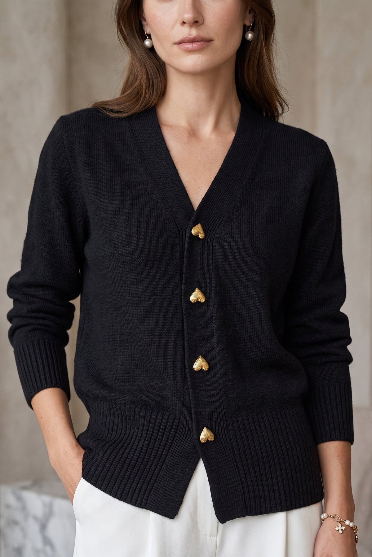 Ilaria Montavero | Elegant V-Neck Heart Button Cardigan