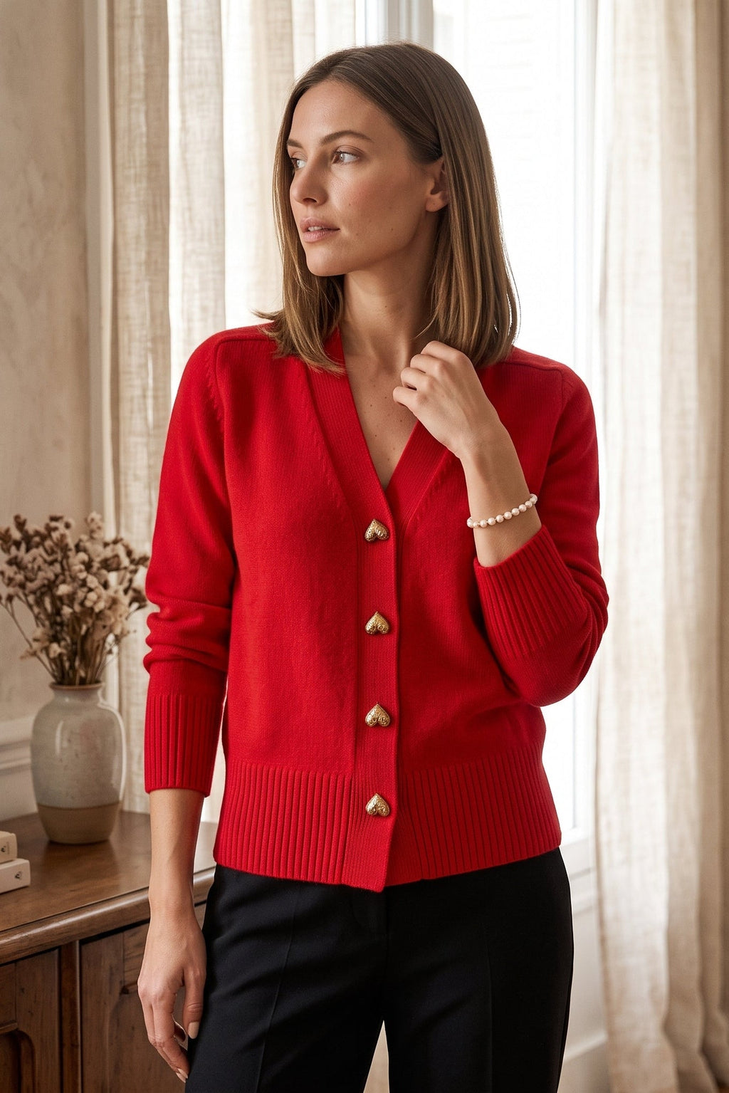 Ilaria Montavero | Elegant V-Neck Heart Button Cardigan