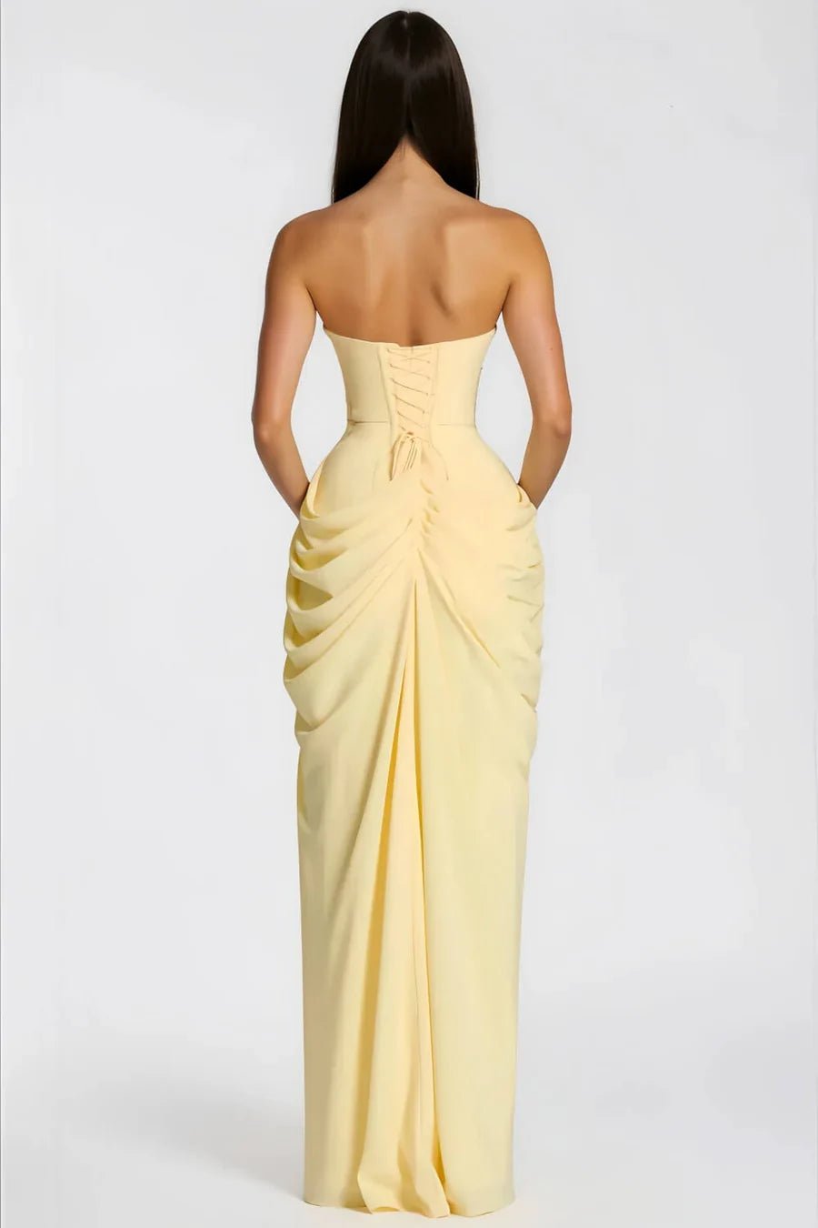 Claire Michel | Strapless Ruched Maxi Dress – High Thigh Slit Draped Bodycon Evening Gown