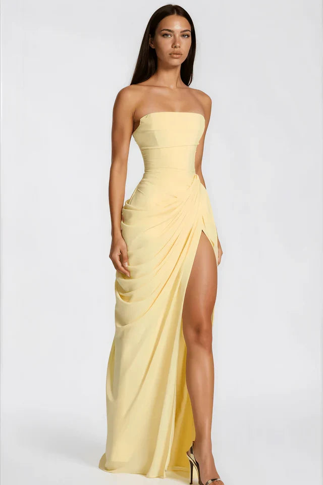 Claire Michel | Strapless Ruched Maxi Dress – High Thigh Slit Draped Bodycon Evening Gown