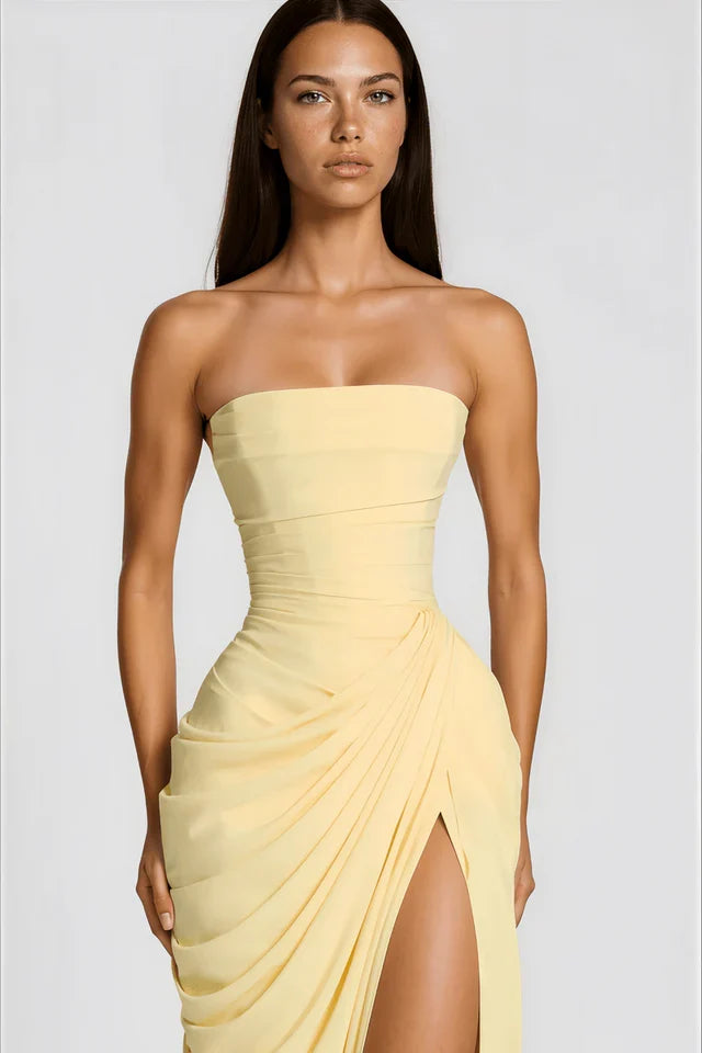 Claire Michel | Strapless Ruched Maxi Dress – High Thigh Slit Draped Bodycon Evening Gown