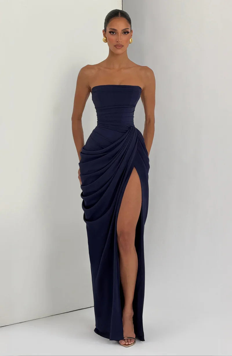 Claire Michel | Strapless Ruched Maxi Dress – High Thigh Slit Draped Bodycon Evening Gown