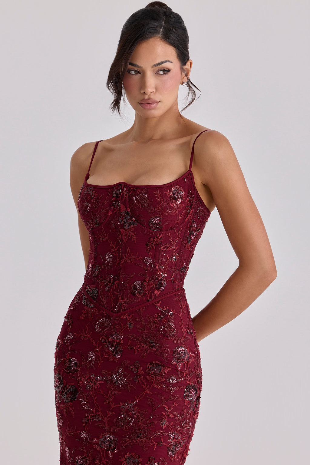Zoé Dupont | Embroidered Sequin Corset Maxi Dress – Floral Spaghetti Strap Fitted Evening Gown