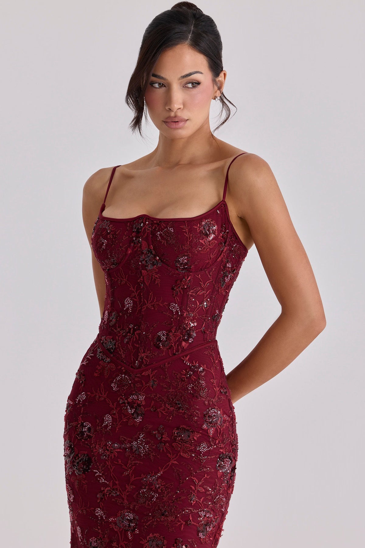 Zoé Dupont | Embroidered Sequin Corset Maxi Dress – Floral Spaghetti Strap Fitted Evening Gown