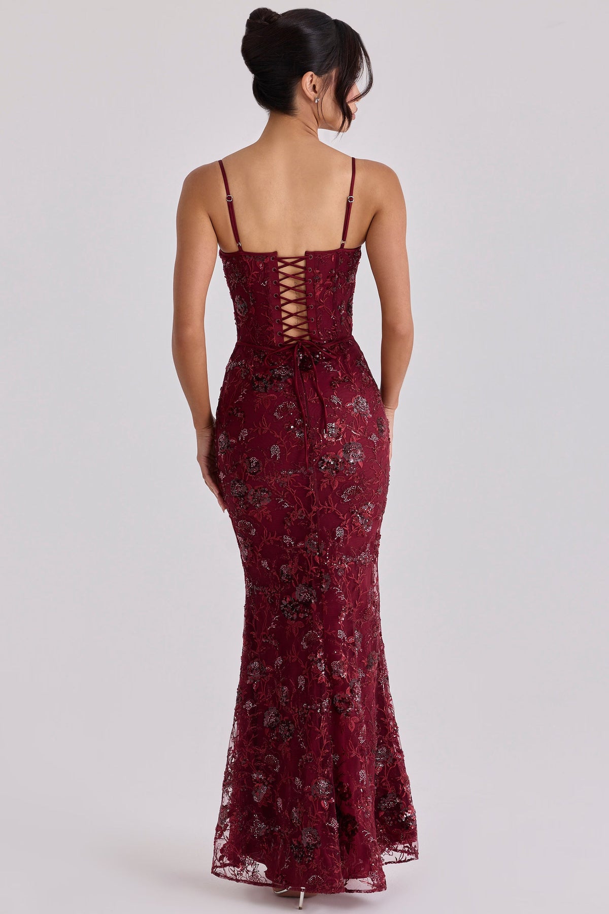 Zoé Dupont | Embroidered Sequin Corset Maxi Dress – Floral Spaghetti Strap Fitted Evening Gown