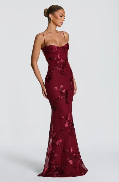Charlotte Leroy | Embroidered Floral Mermaid Maxi Dress – Bustier Spaghetti Strap Evening Gown