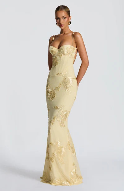 Charlotte Leroy | Embroidered Floral Mermaid Maxi Dress – Bustier Spaghetti Strap Evening Gown