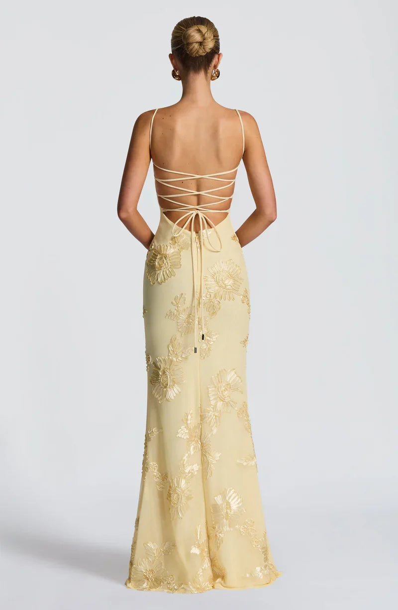 Charlotte Leroy | Embroidered Floral Mermaid Maxi Dress – Bustier Spaghetti Strap Evening Gown