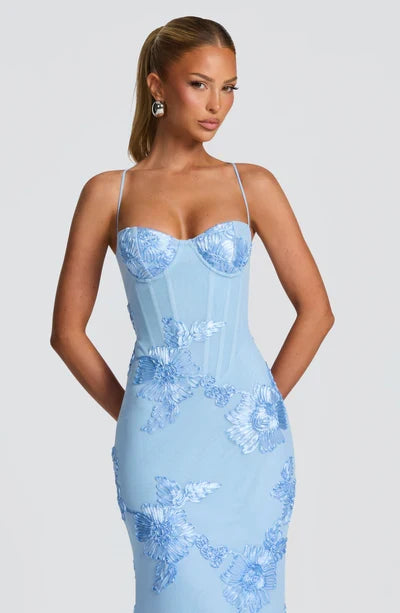 Charlotte Leroy | Embroidered Floral Mermaid Maxi Dress – Bustier Spaghetti Strap Evening Gown