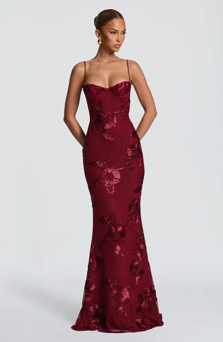 Charlotte Leroy | Embroidered Floral Mermaid Maxi Dress – Bustier Spaghetti Strap Evening Gown
