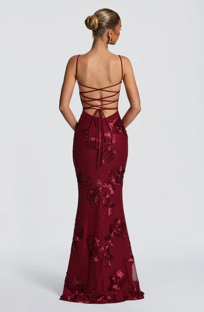 Charlotte Leroy | Embroidered Floral Mermaid Maxi Dress – Bustier Spaghetti Strap Evening Gown