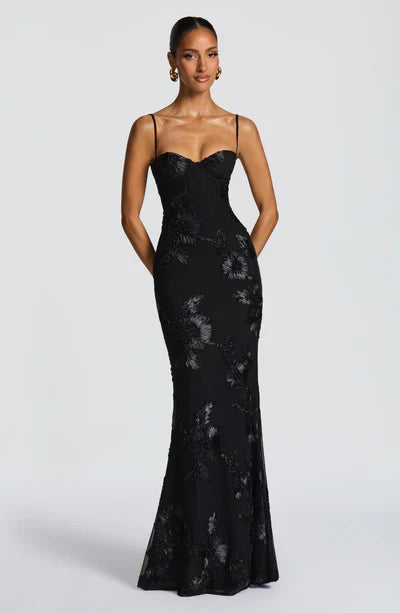 Charlotte Leroy | Embroidered Floral Mermaid Maxi Dress – Bustier Spaghetti Strap Evening Gown