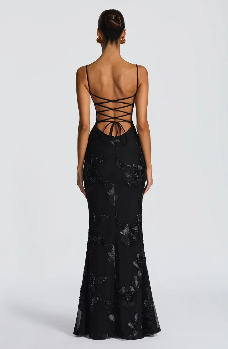 Charlotte Leroy | Embroidered Floral Mermaid Maxi Dress – Bustier Spaghetti Strap Evening Gown