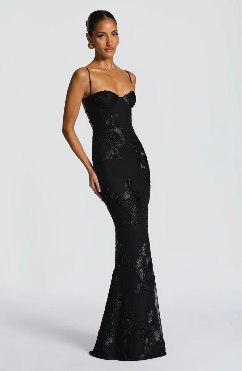 Charlotte Leroy | Embroidered Floral Mermaid Maxi Dress – Bustier Spaghetti Strap Evening Gown