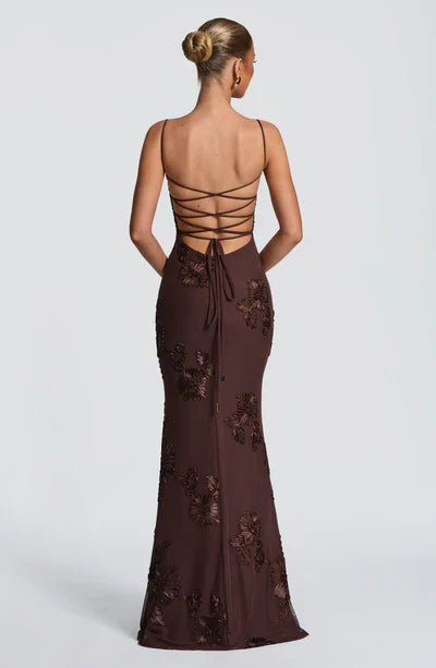 Charlotte Leroy | Embroidered Floral Mermaid Maxi Dress – Bustier Spaghetti Strap Evening Gown