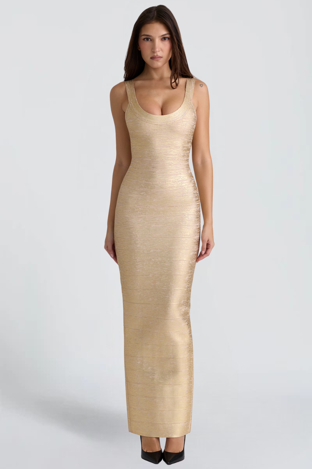 GABRIELLE DE VAUPERCHE | Champagne Metallic Maxi Dress – Bandage Bodycon Scoop Neck Evening Gown