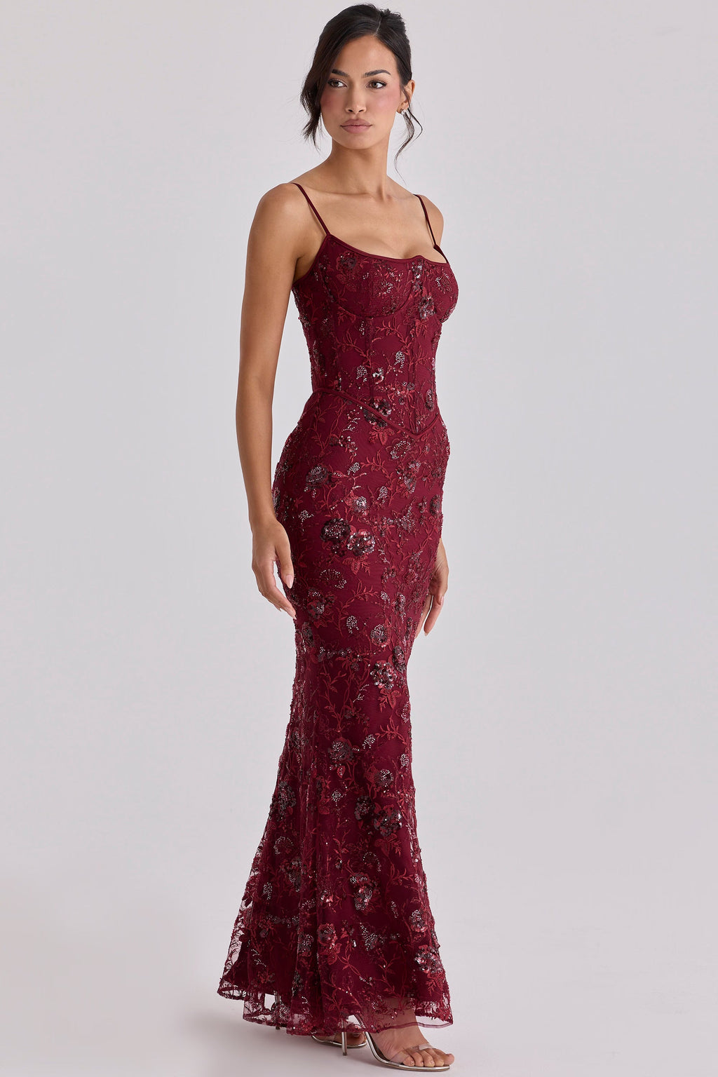 Zoé Dupont | Embroidered Sequin Corset Maxi Dress – Floral Spaghetti Strap Fitted Evening Gown