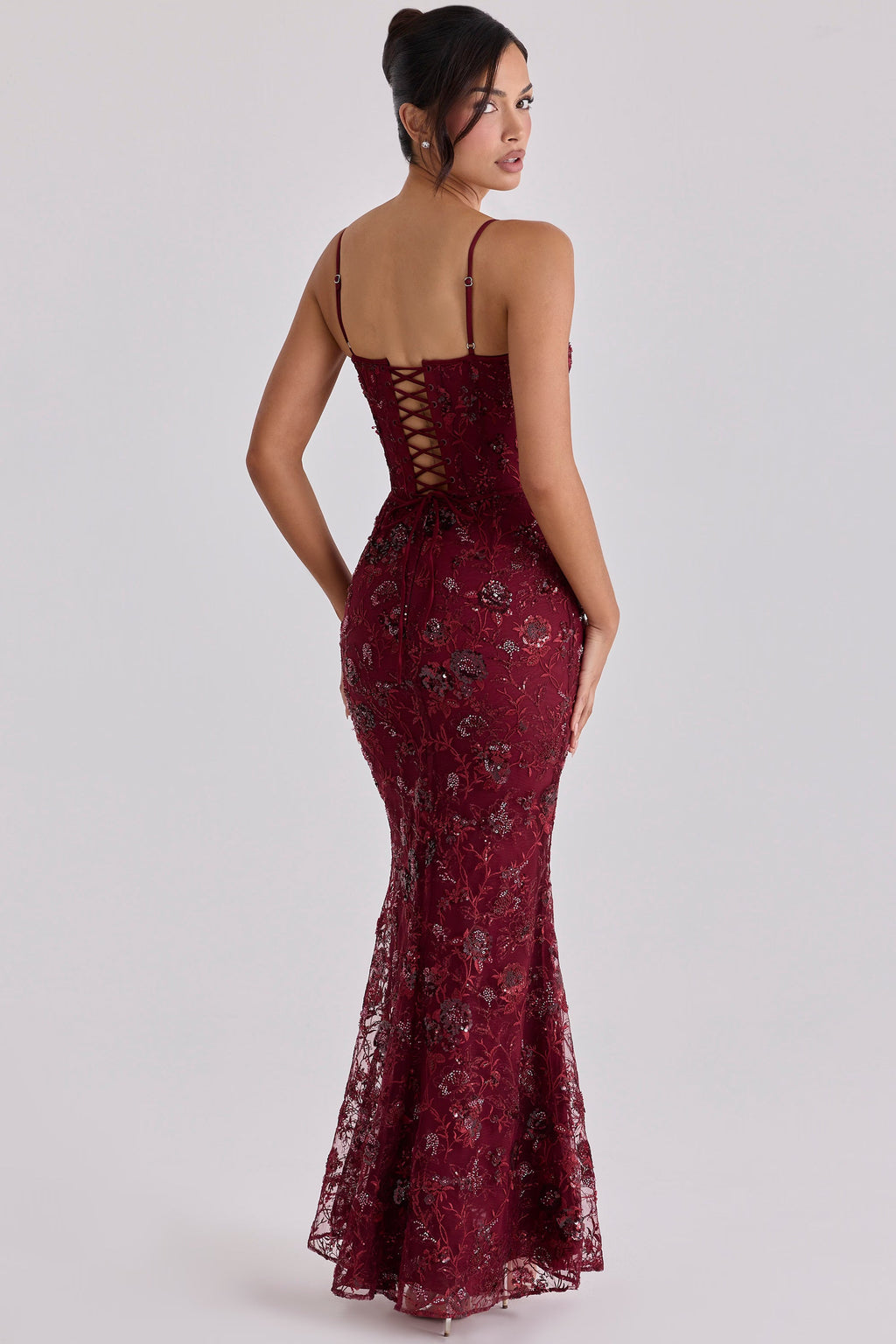 Zoé Dupont | Embroidered Sequin Corset Maxi Dress – Floral Spaghetti Strap Fitted Evening Gown