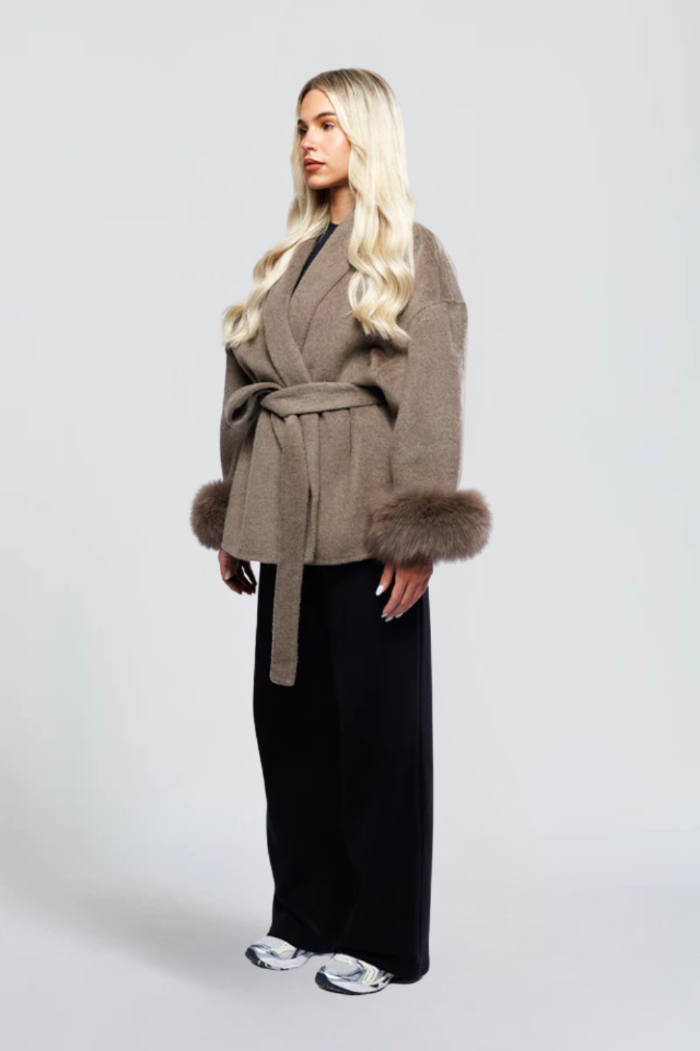 Yasmine Dumont | Women's Belted Wrap Jacket with Faux Fur Cuffs – Grey Short Wrap Coat