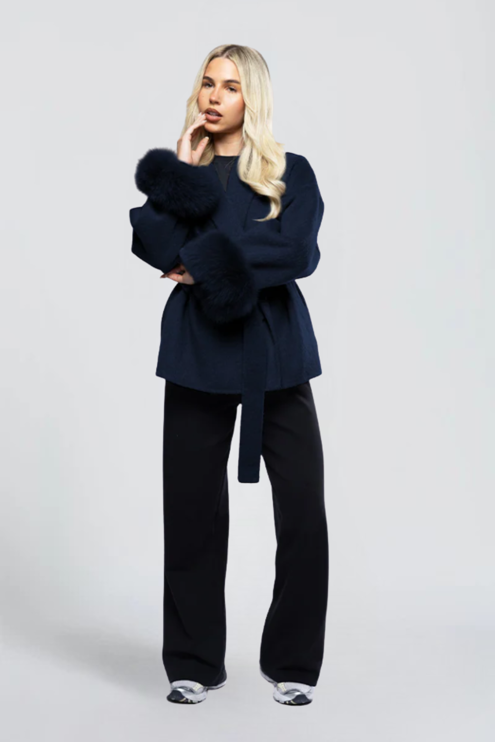 Yasmine Dumont | Women's Belted Wrap Jacket with Faux Fur Cuffs – Grey Short Wrap Coat