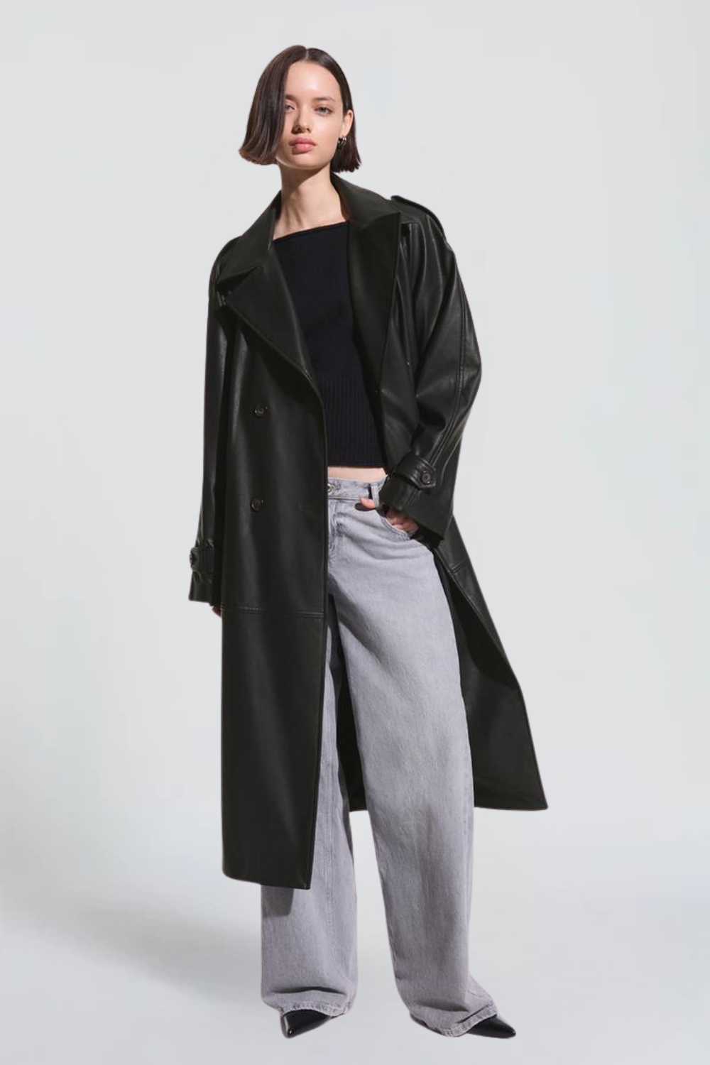 Romane Morin | Women's Black Leather Trench Coat – Long Oversized Belted Coat