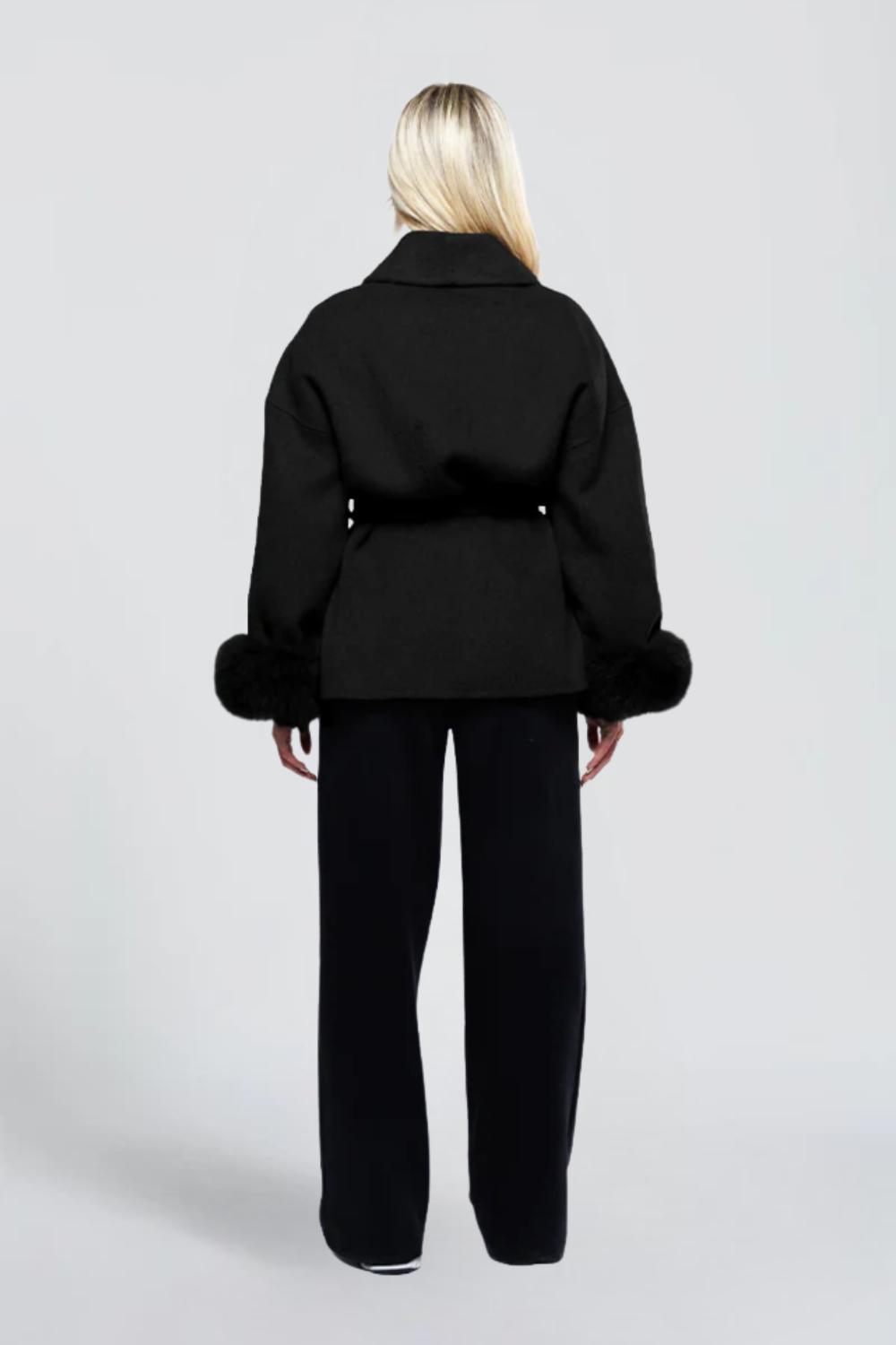 Yasmine Dumont | Women's Belted Wrap Jacket with Faux Fur Cuffs – Grey Short Wrap Coat