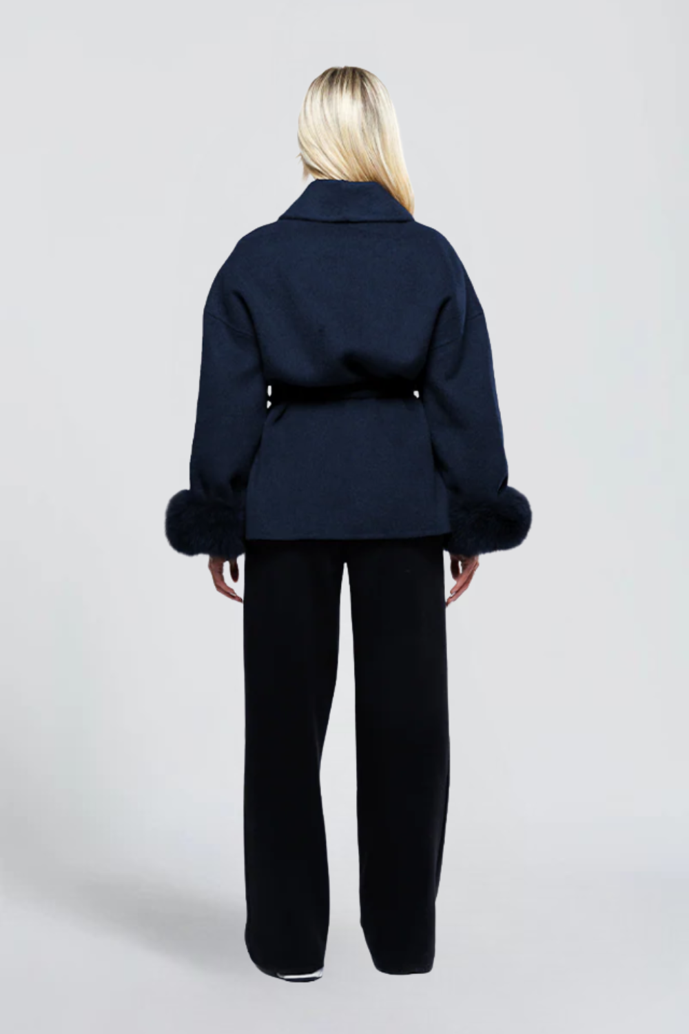 Yasmine Dumont | Women's Belted Wrap Jacket with Faux Fur Cuffs – Grey Short Wrap Coat