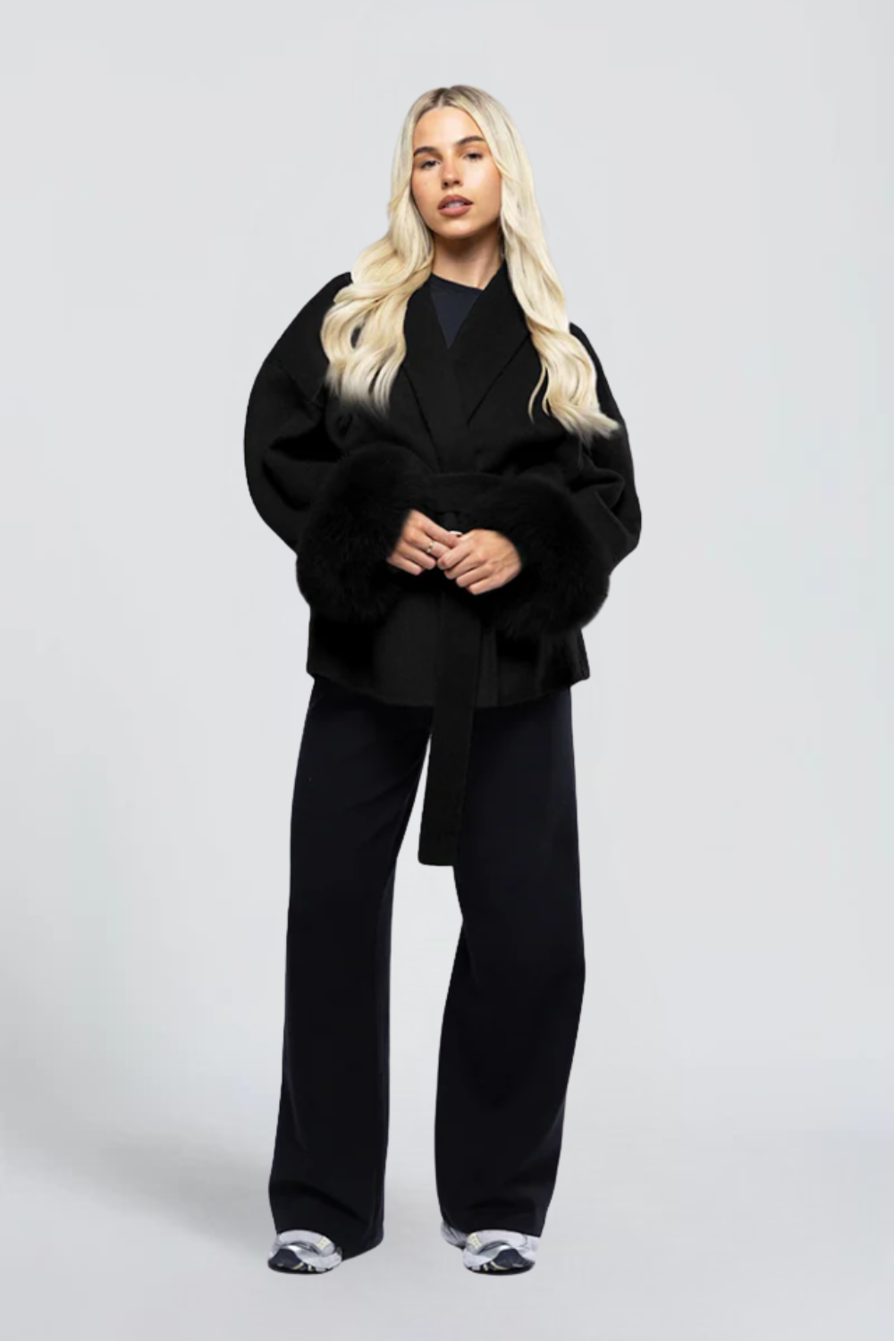 Yasmine Dumont | Women's Belted Wrap Jacket with Faux Fur Cuffs – Grey Short Wrap Coat