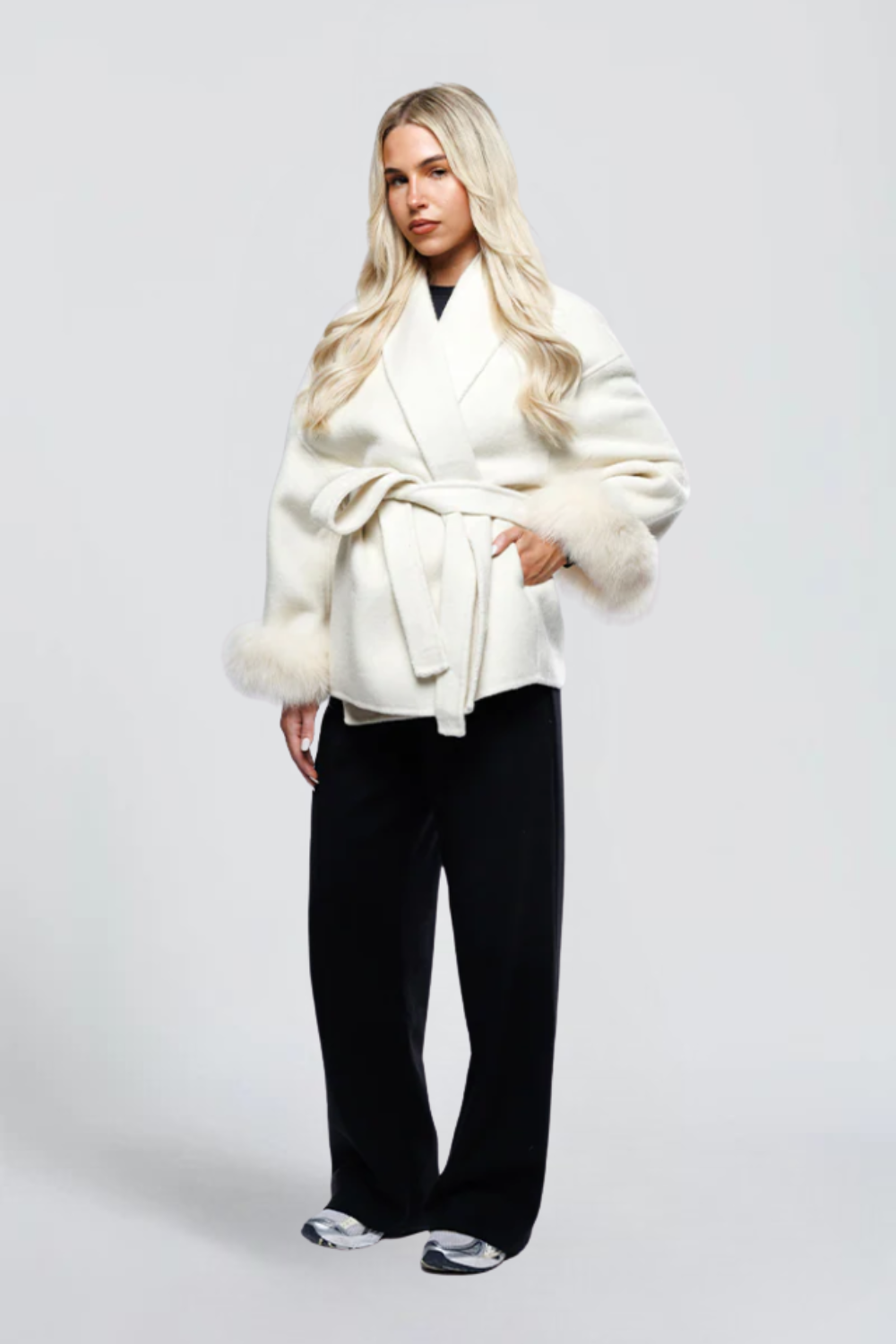 Yasmine Dumont | Women's Belted Wrap Jacket with Faux Fur Cuffs – Grey Short Wrap Coat