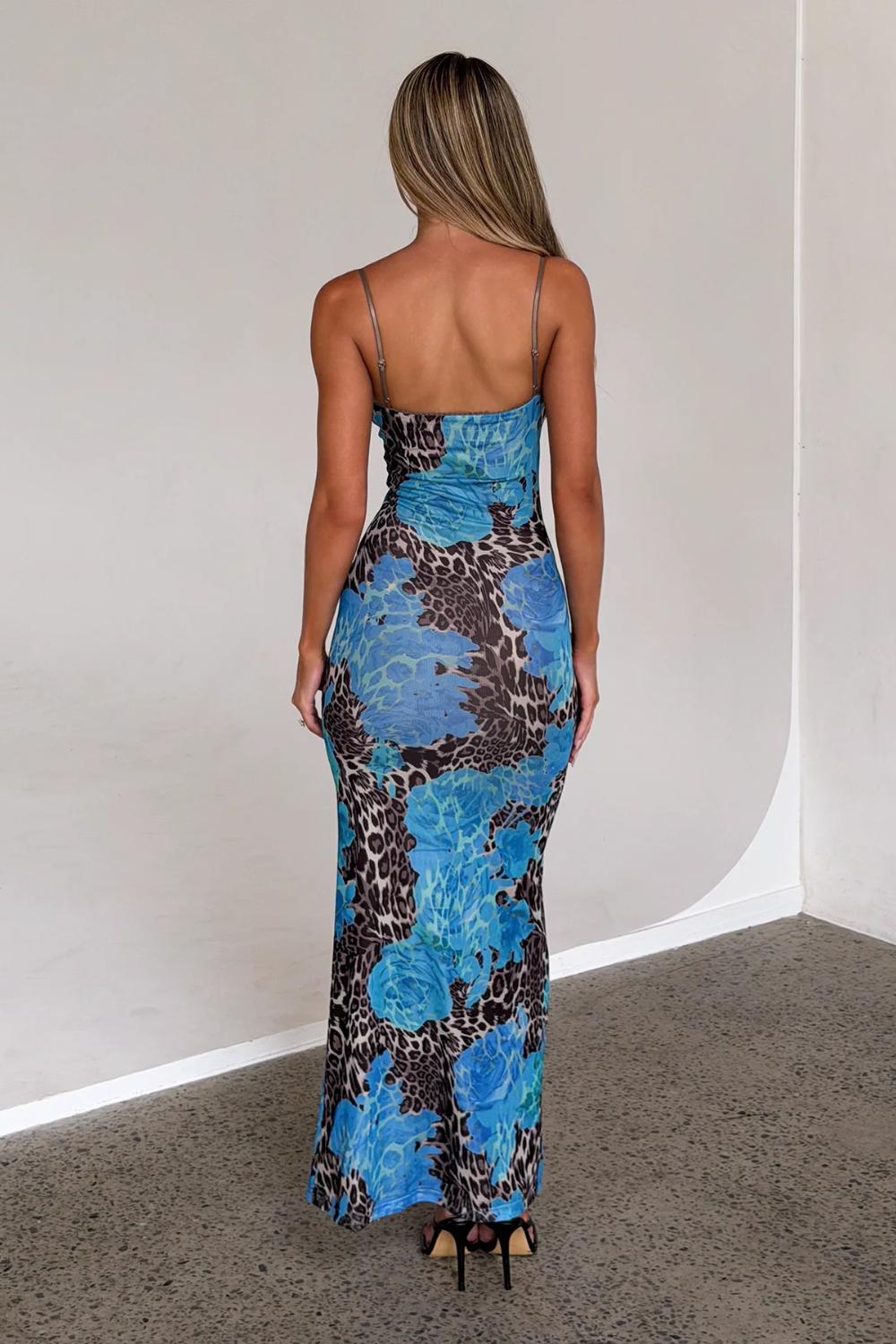 ARMELLE MONTDORE | Coral Floral Print Maxi Dress – Bodycon Mesh Ruched Strappy Summer Dress