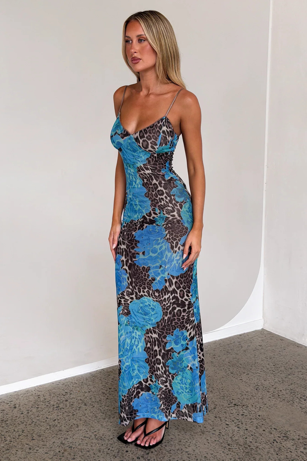 ARMELLE MONTDORE | Coral Floral Print Maxi Dress – Bodycon Mesh Ruched Strappy Summer Dress