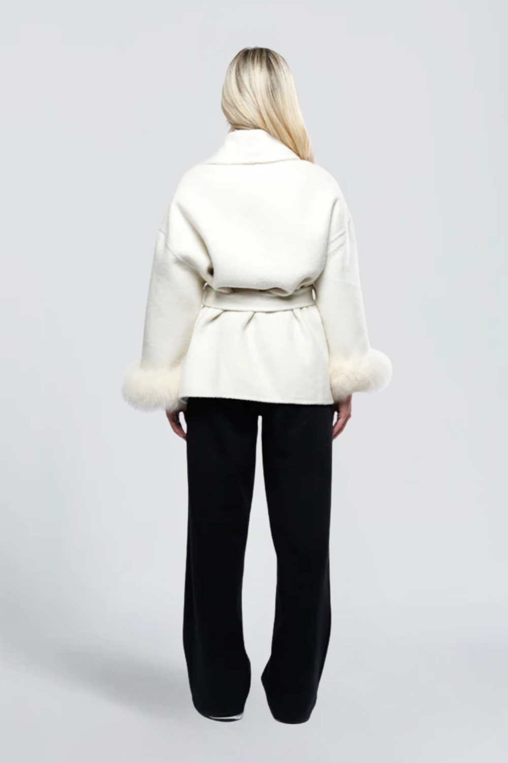 Yasmine Dumont | Women's Belted Wrap Jacket with Faux Fur Cuffs – Grey Short Wrap Coat