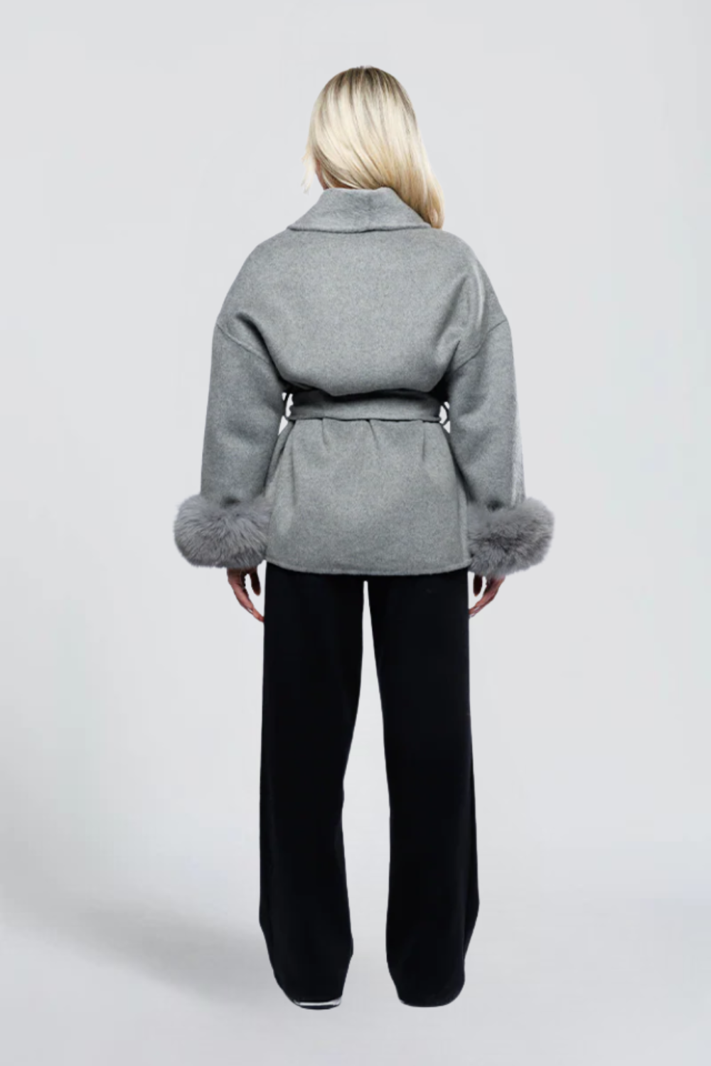 Yasmine Dumont | Women's Belted Wrap Jacket with Faux Fur Cuffs – Grey Short Wrap Coat