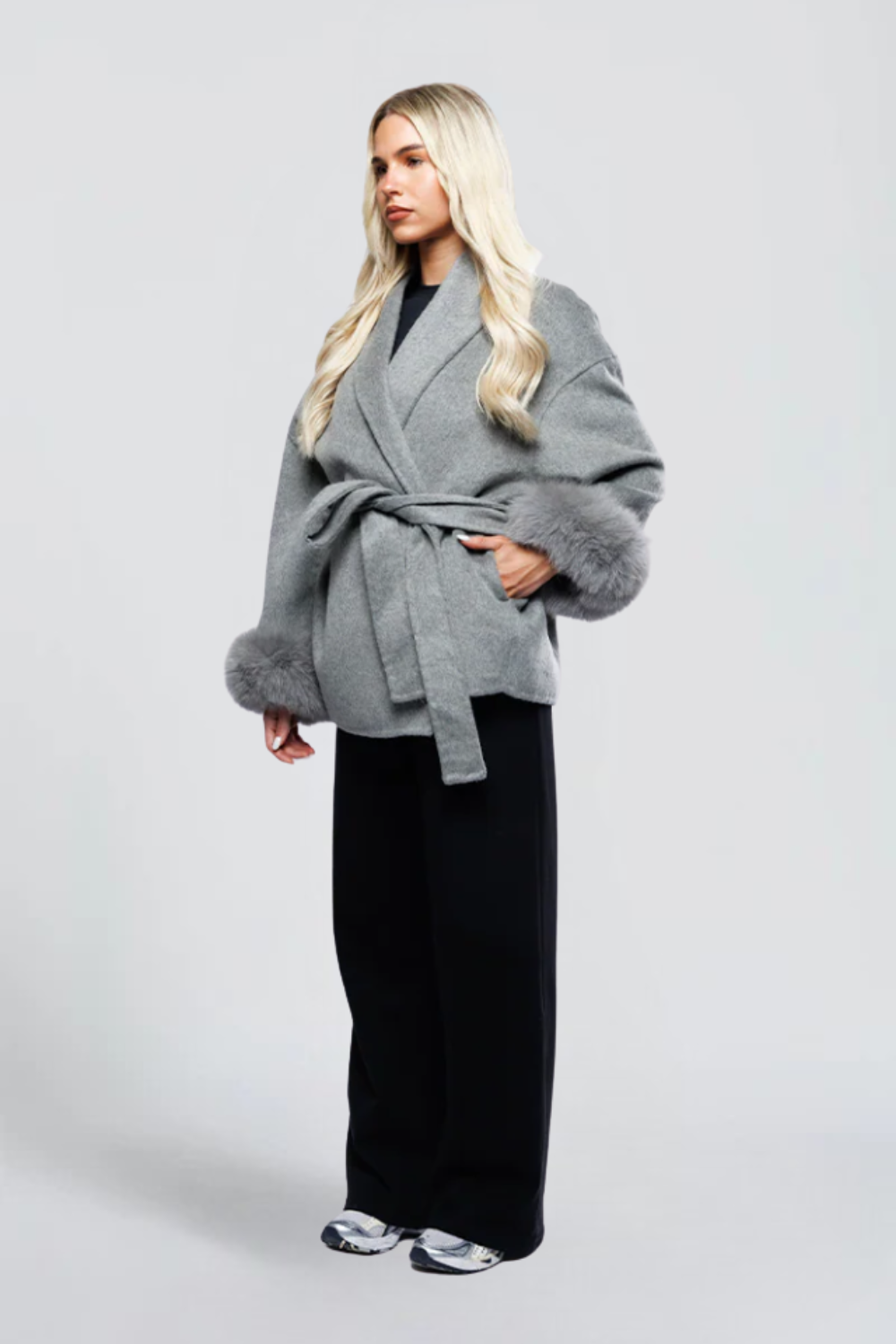 Yasmine Dumont | Women's Belted Wrap Jacket with Faux Fur Cuffs – Grey Short Wrap Coat