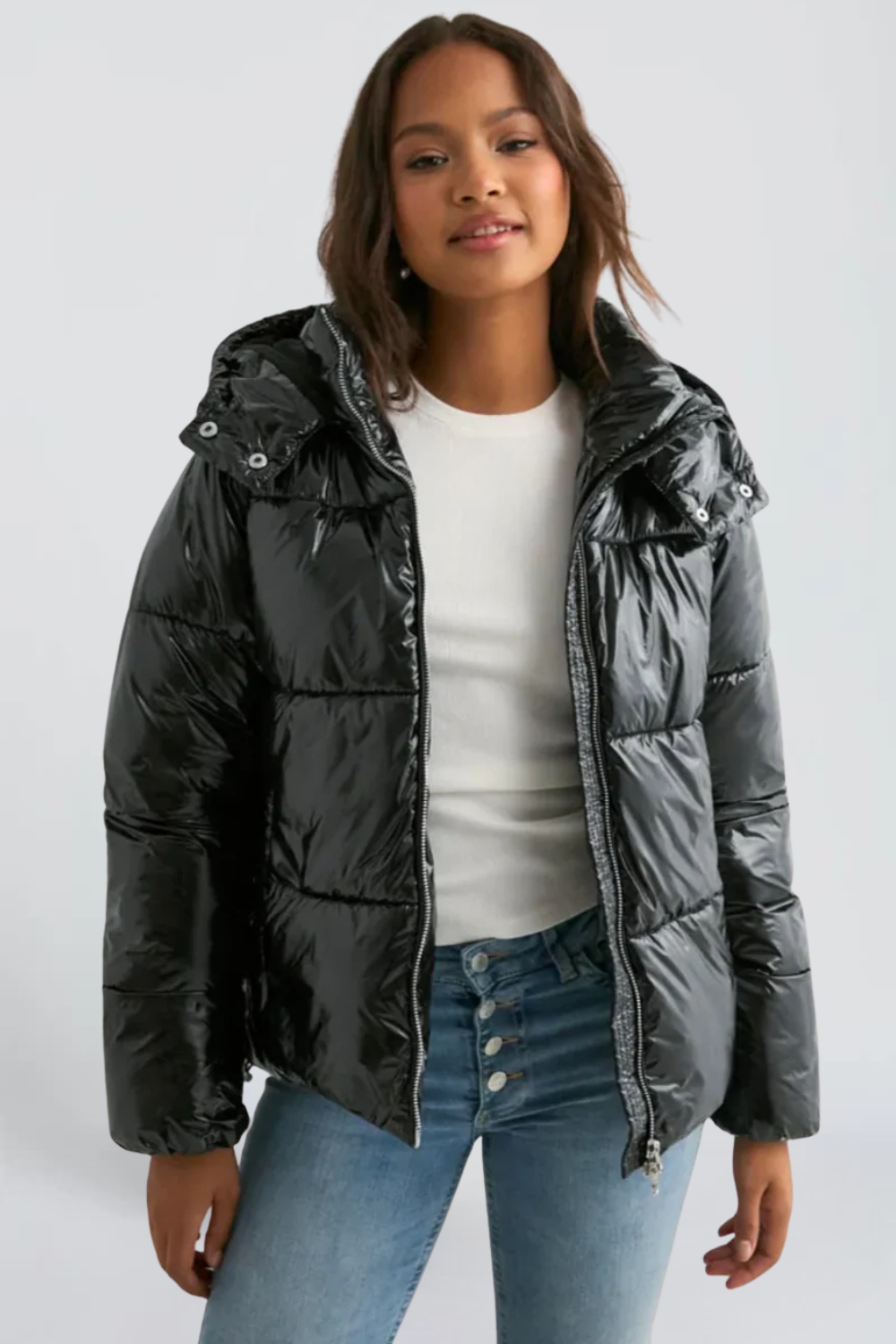 Lucile Roussel | Women's Short Shiny Puffer Jacket – Black Glossy Padded Coat