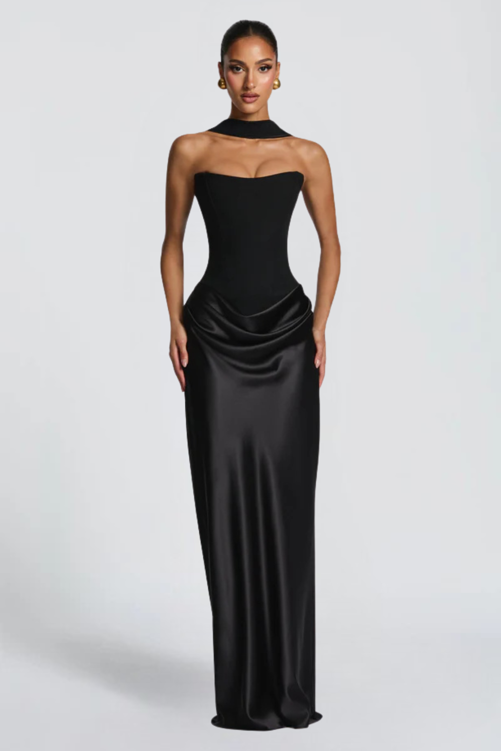 Pauline Bertrand | Strapless Corset Satin Maxi Dress – Hourglass Draped Formal Evening Gown