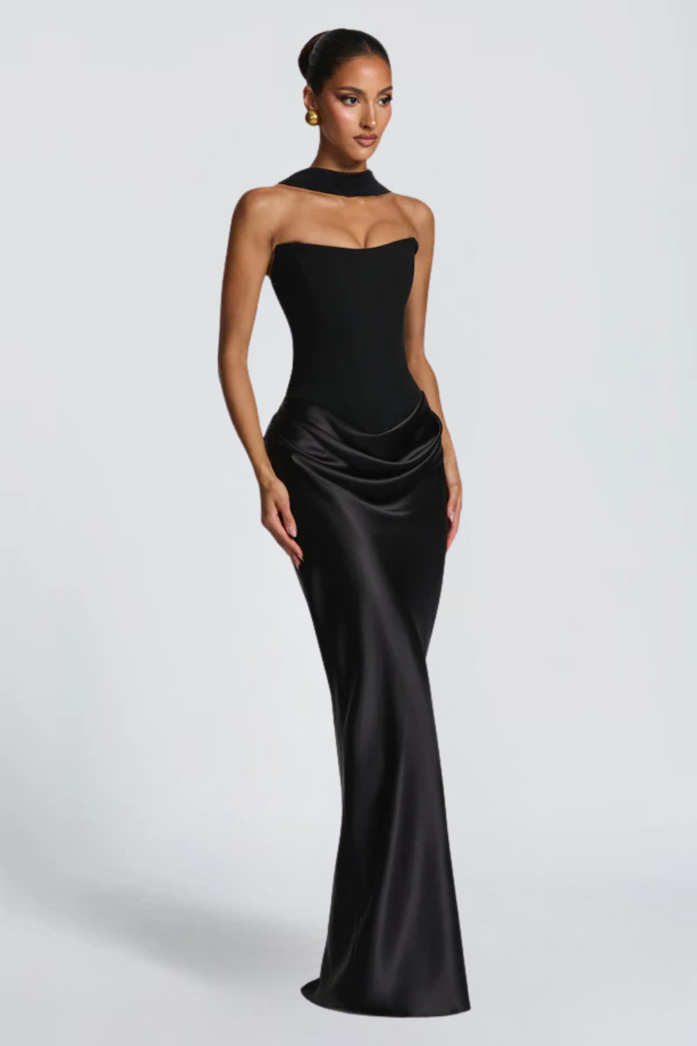 Pauline Bertrand | Strapless Corset Satin Maxi Dress – Hourglass Draped Formal Evening Gown