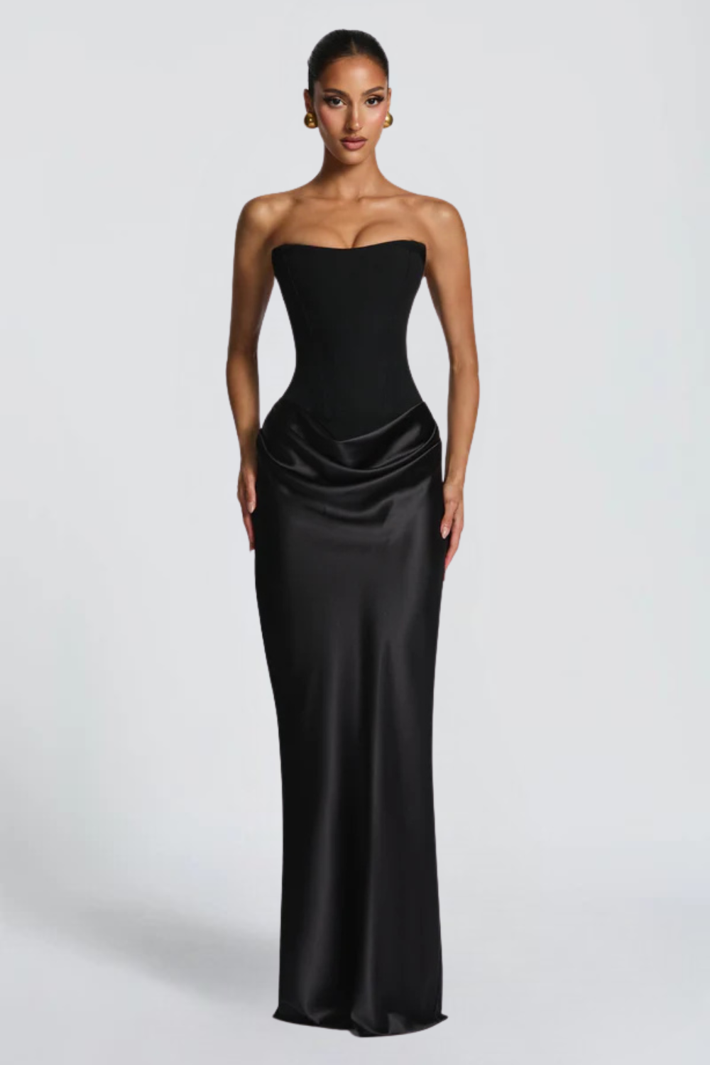 Pauline Bertrand | Strapless Corset Satin Maxi Dress – Hourglass Draped Formal Evening Gown