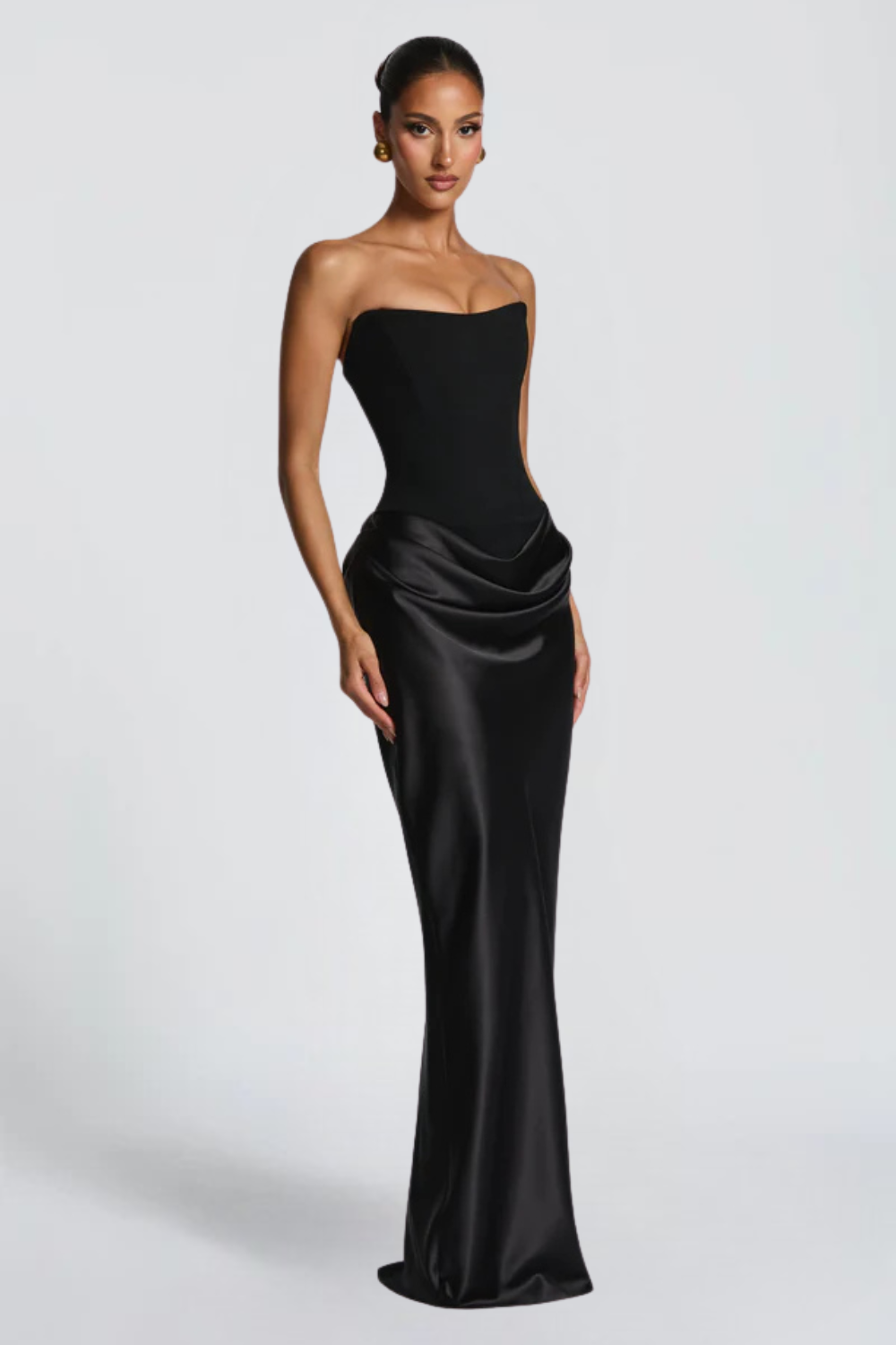 Pauline Bertrand | Strapless Corset Satin Maxi Dress – Hourglass Draped Formal Evening Gown