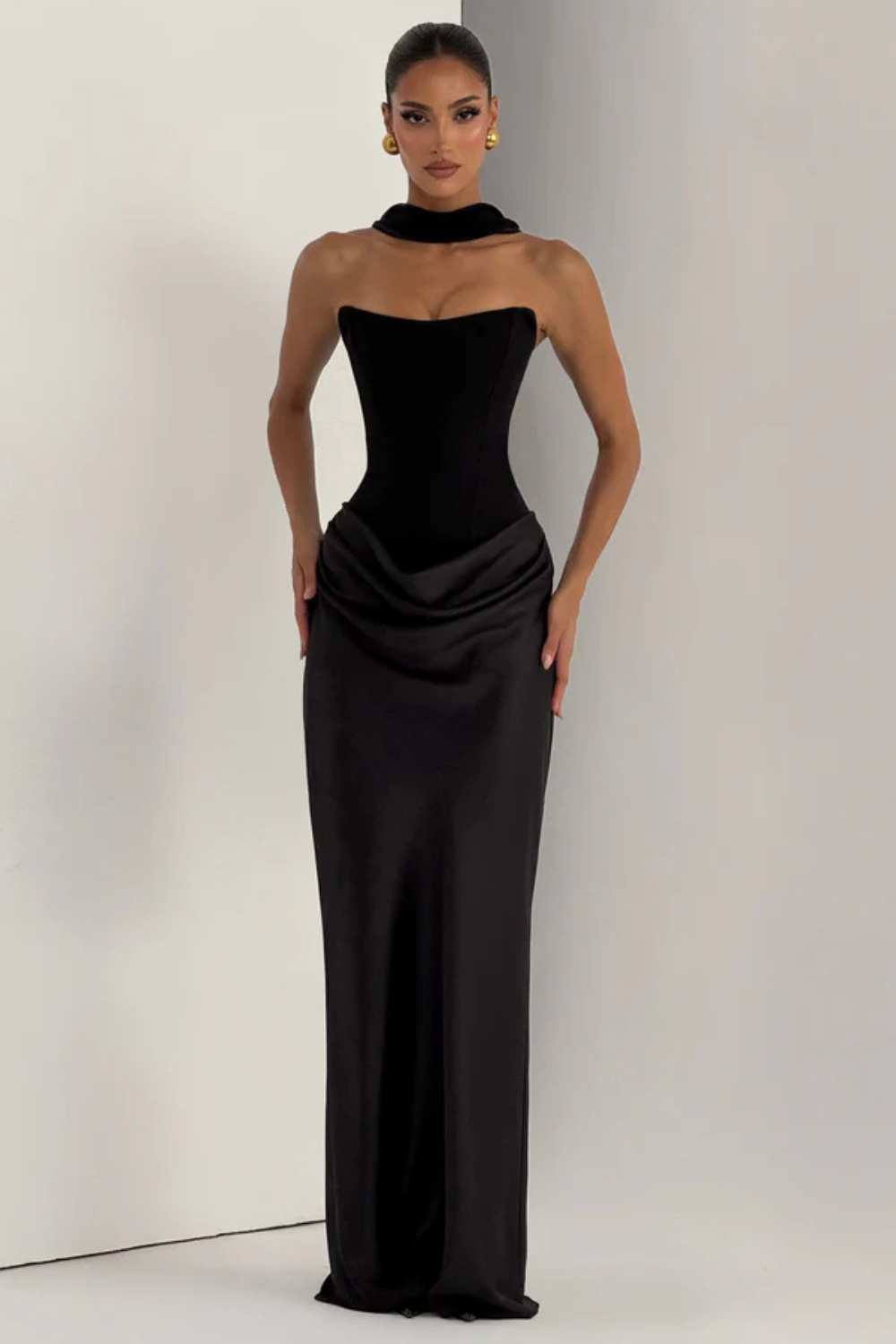 Pauline Bertrand | Strapless Corset Satin Maxi Dress – Hourglass Draped Formal Evening Gown