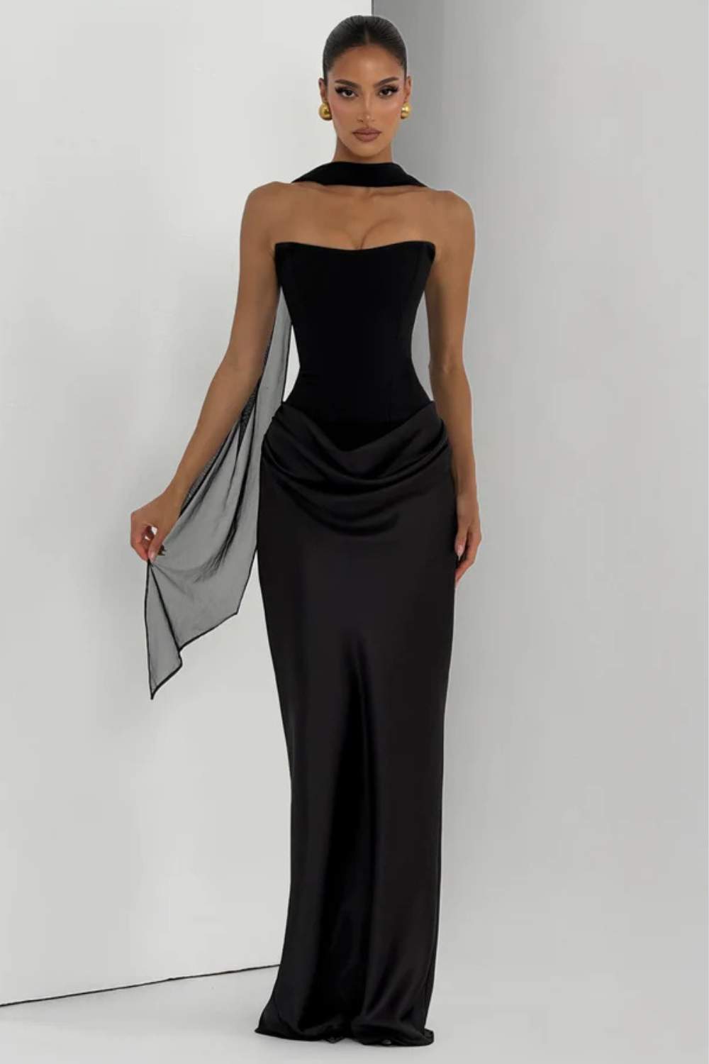 Pauline Bertrand | Strapless Corset Satin Maxi Dress – Hourglass Draped Formal Evening Gown