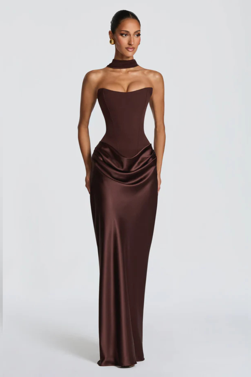 Pauline Bertrand | Strapless Corset Satin Maxi Dress – Hourglass Draped Formal Evening Gown