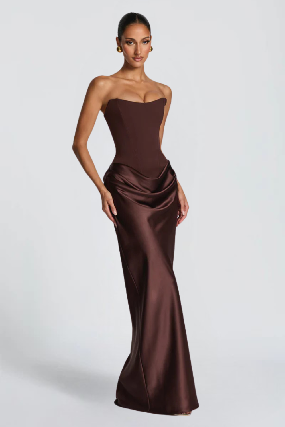 Pauline Bertrand | Strapless Corset Satin Maxi Dress – Hourglass Draped Formal Evening Gown