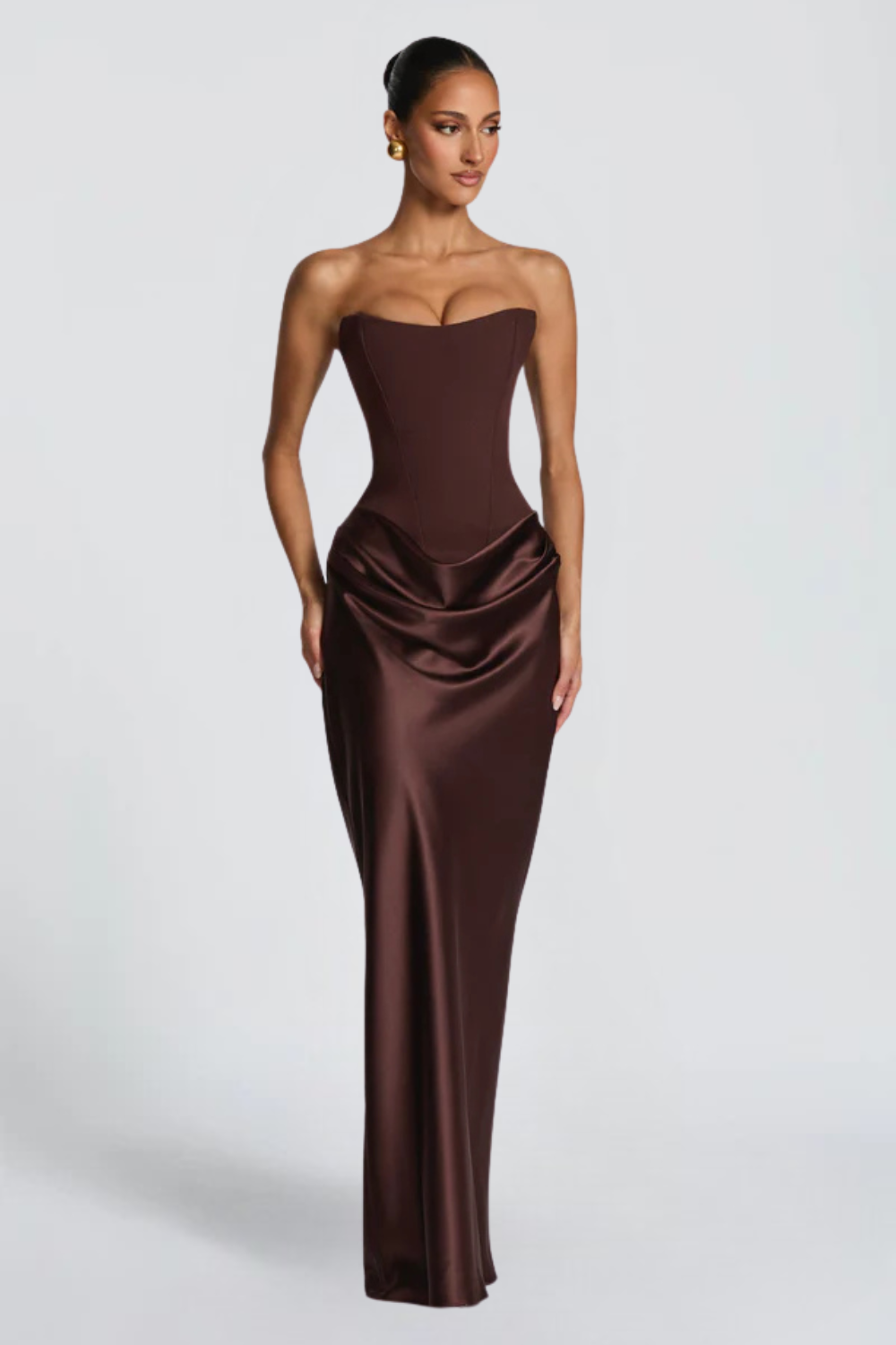 Pauline Bertrand | Strapless Corset Satin Maxi Dress – Hourglass Draped Formal Evening Gown