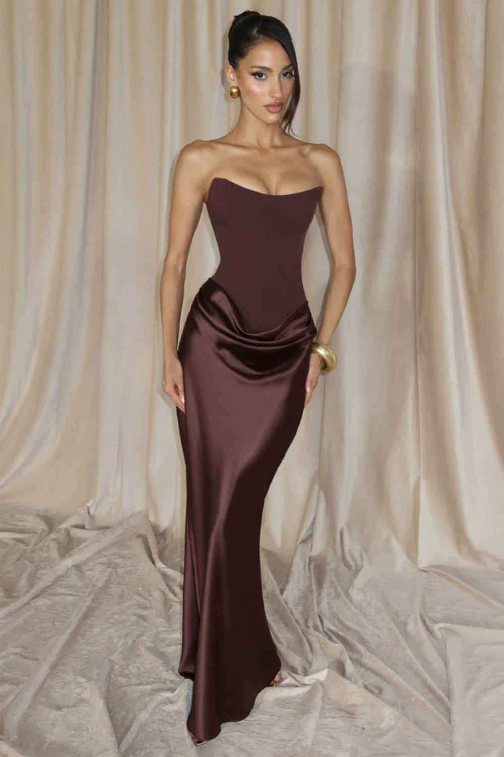 Pauline Bertrand | Strapless Corset Satin Maxi Dress – Hourglass Draped Formal Evening Gown