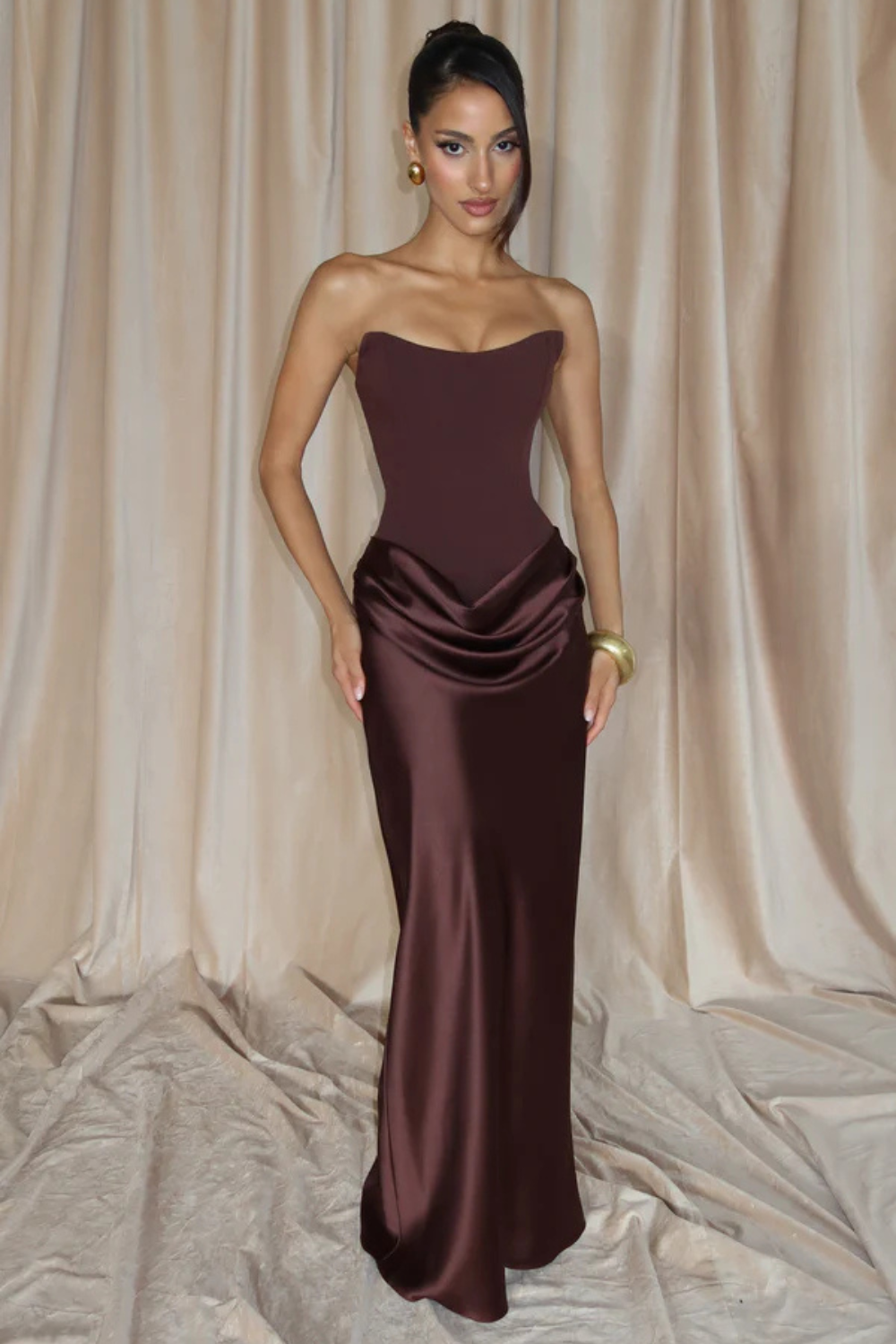 Pauline Bertrand | Strapless Corset Satin Maxi Dress – Hourglass Draped Formal Evening Gown
