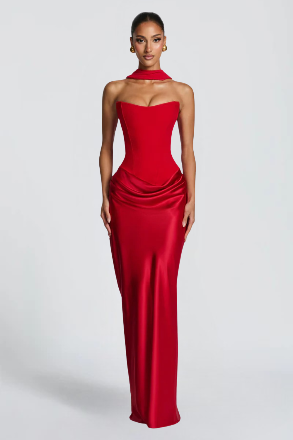 Pauline Bertrand | Strapless Corset Satin Maxi Dress – Hourglass Draped Formal Evening Gown
